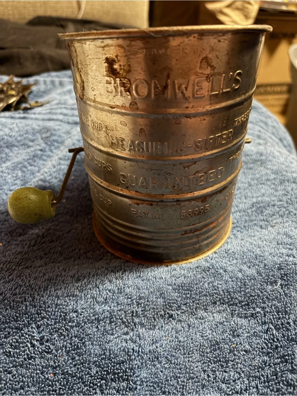 Bromwell's Vintage Metal Flour Sifter with Green Wooden Handle